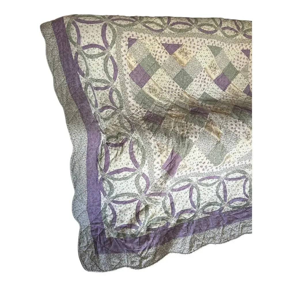 Vintage double wedding ring patchwork quilt purple green floral cottage 86x85